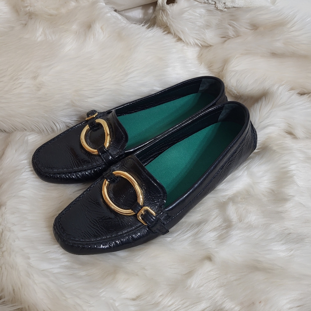 Prada Black Gold Patent Leather Loafers Sz 39 A